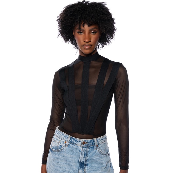 AKIRA, On The Money Mesh Paneled Cutouts Contour Bodysuit, Size L - Picture 6 of 11